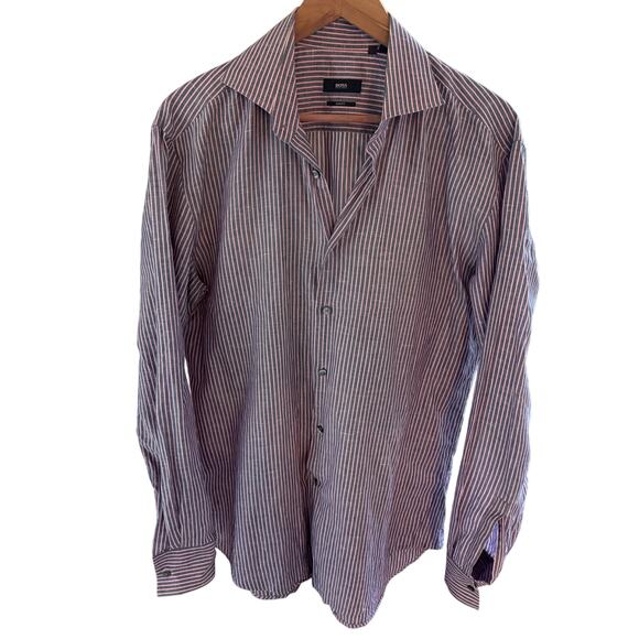 Hugo Boss Slim Fit Striped Dress Shirt Pink Blue Preppy Tailored 43/17 Large - Picture 1 of 8